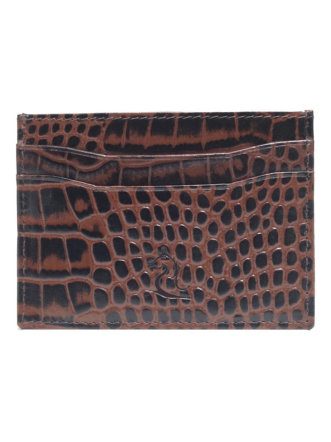 kara unisex coffee brown leather croc textured card holder