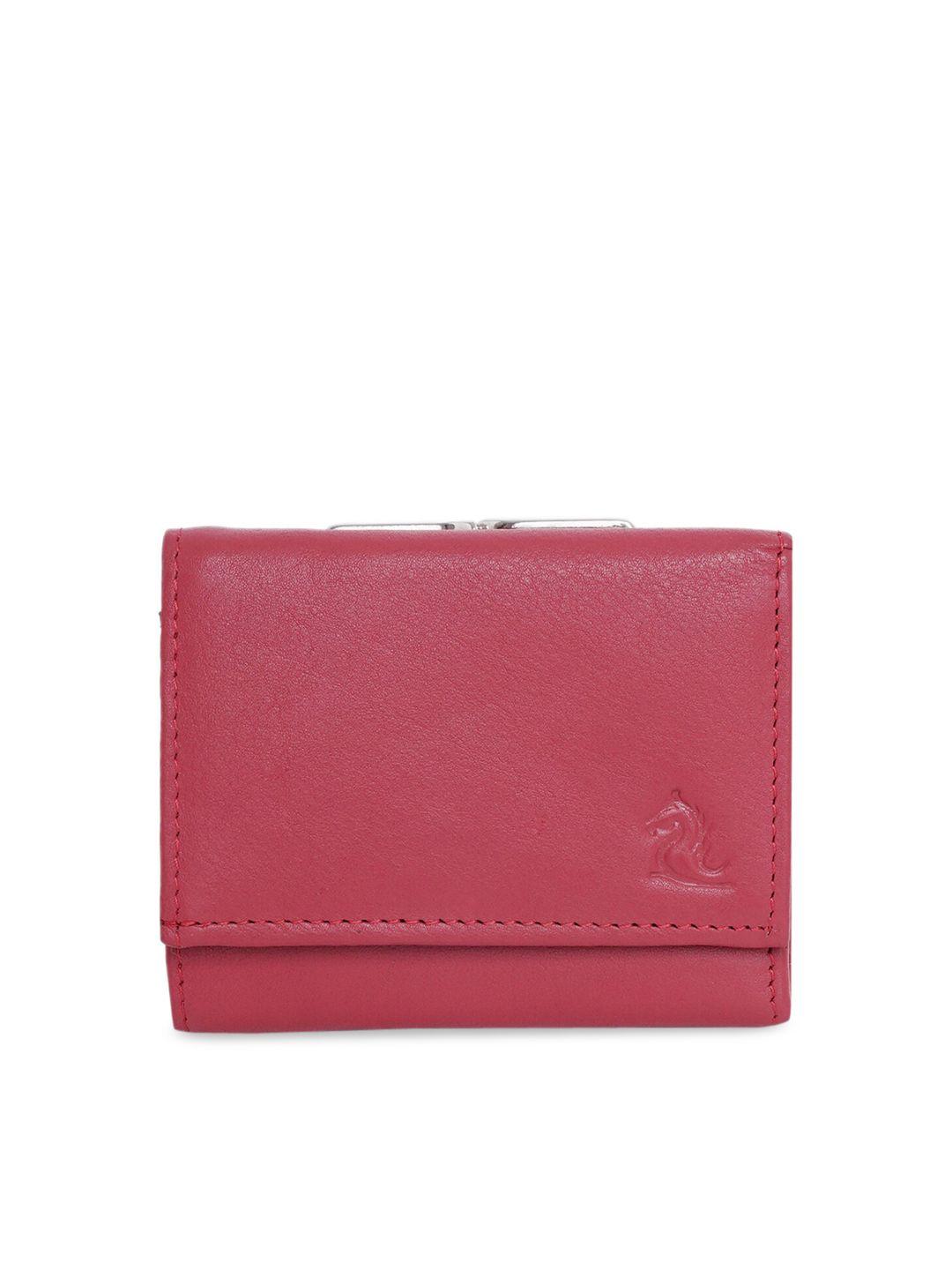 kara women red solid leather three fold wallet