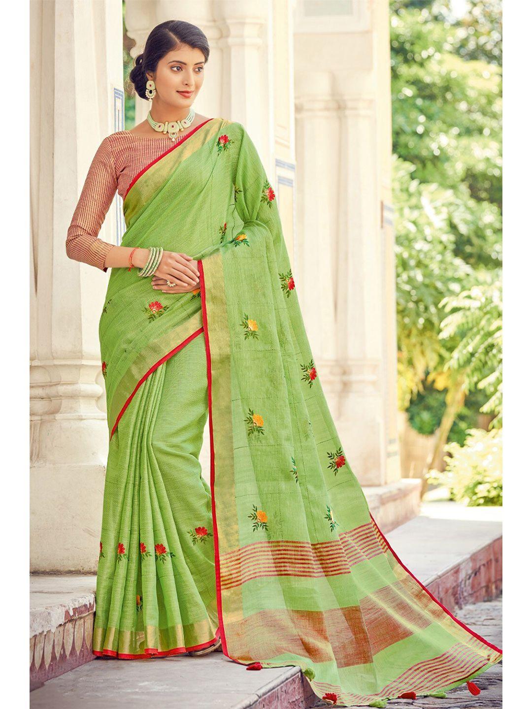karagiri green & red floral zari linen blend saree