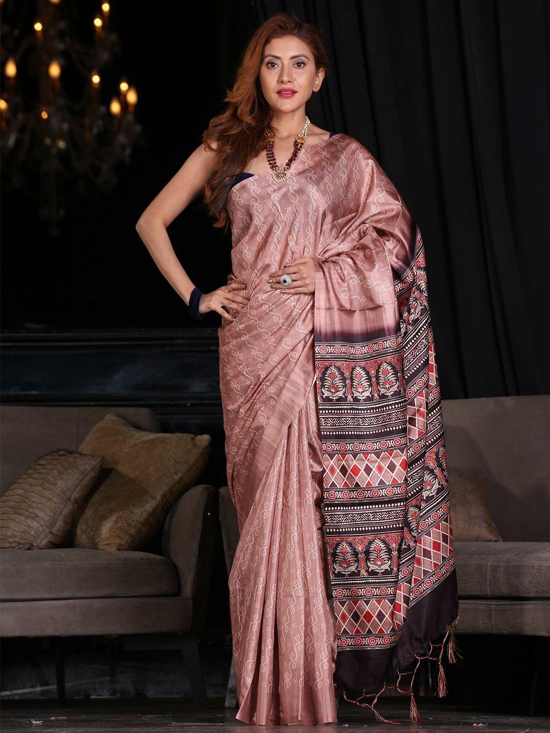 karagiri brown & white ethnic motifs silk blend saree