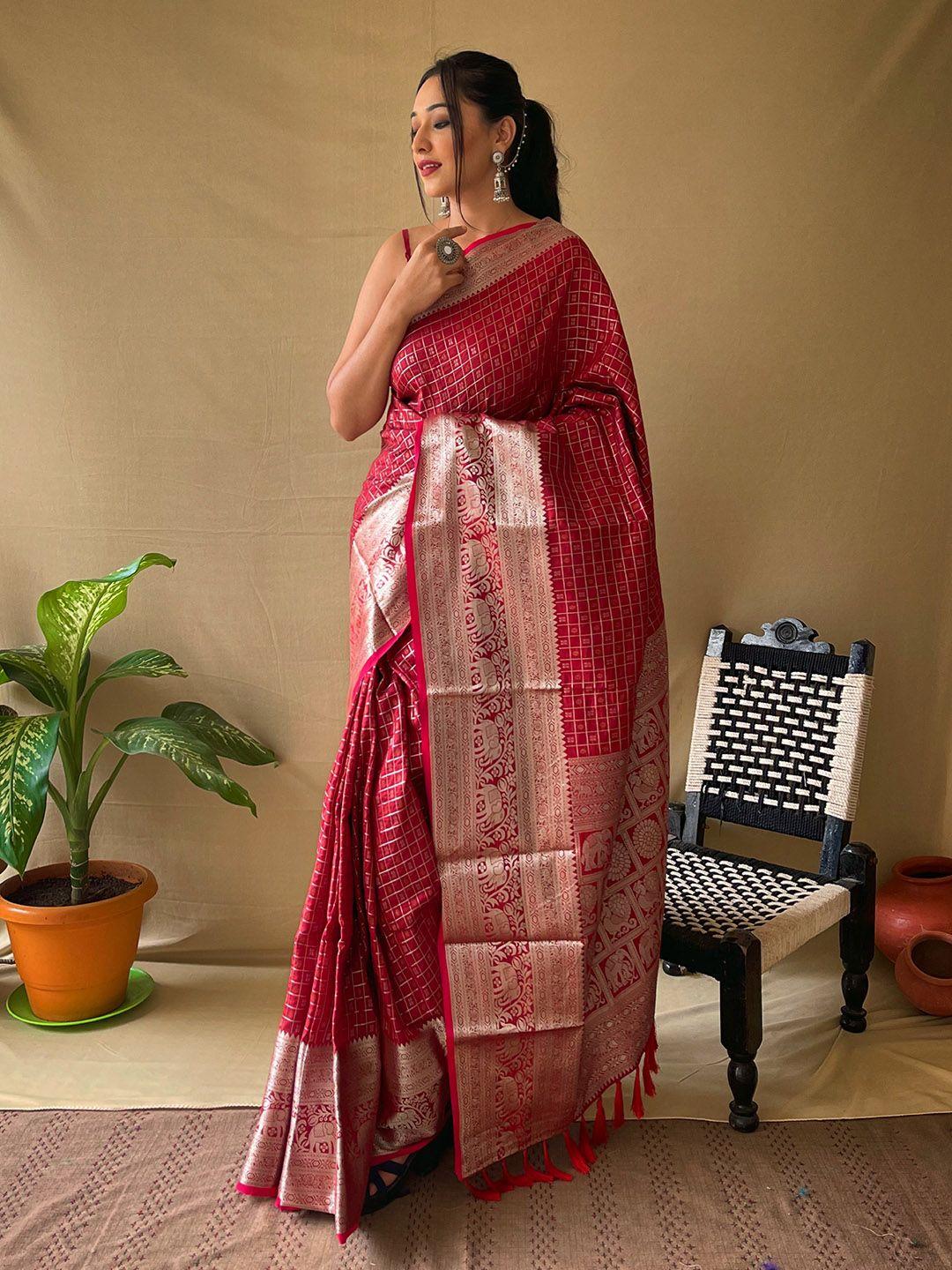 karagiri checked zari silk blend heavy work kanjeevaram saree