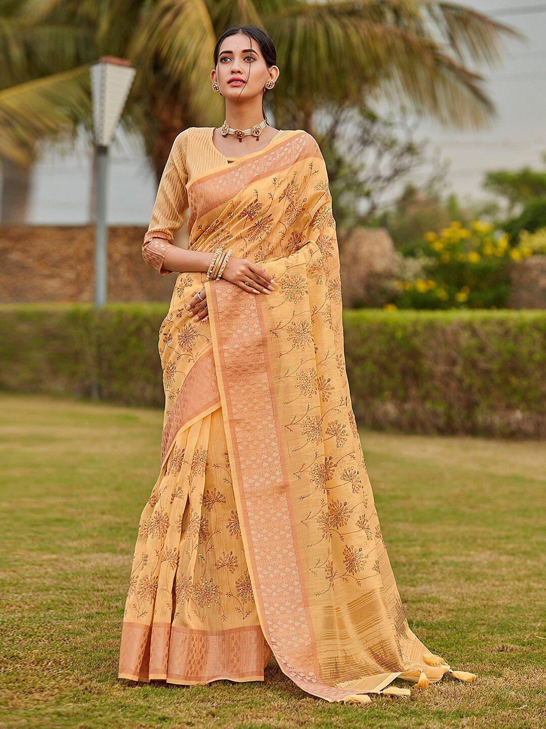 karagiri floral embroidered zari linen saree