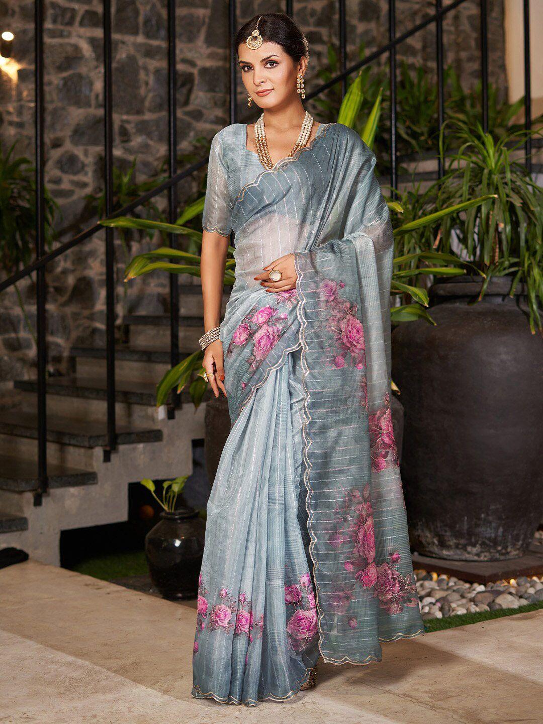 karagiri floral printed sequinned organza saree