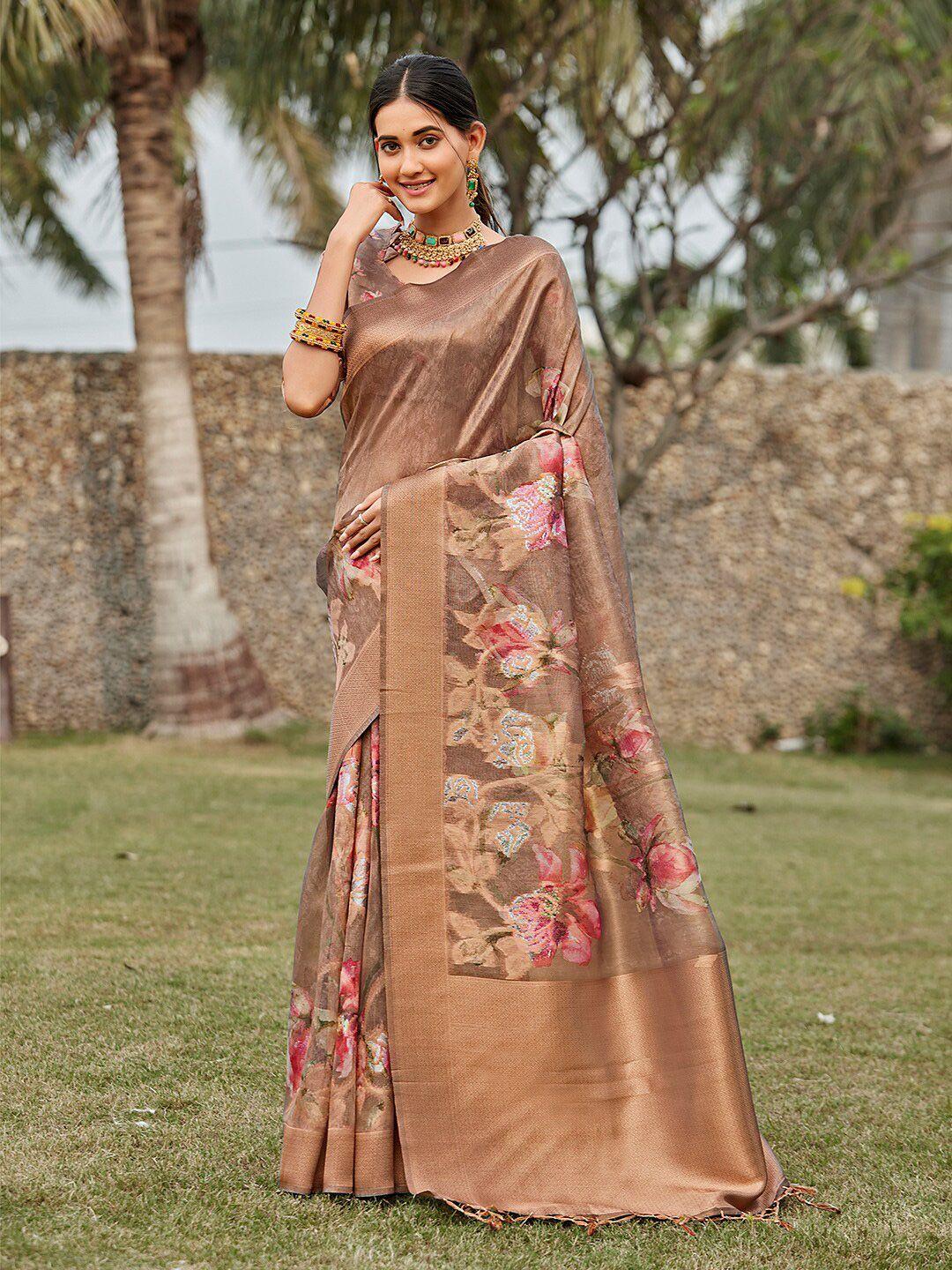 karagiri floral printed zari tissue saree