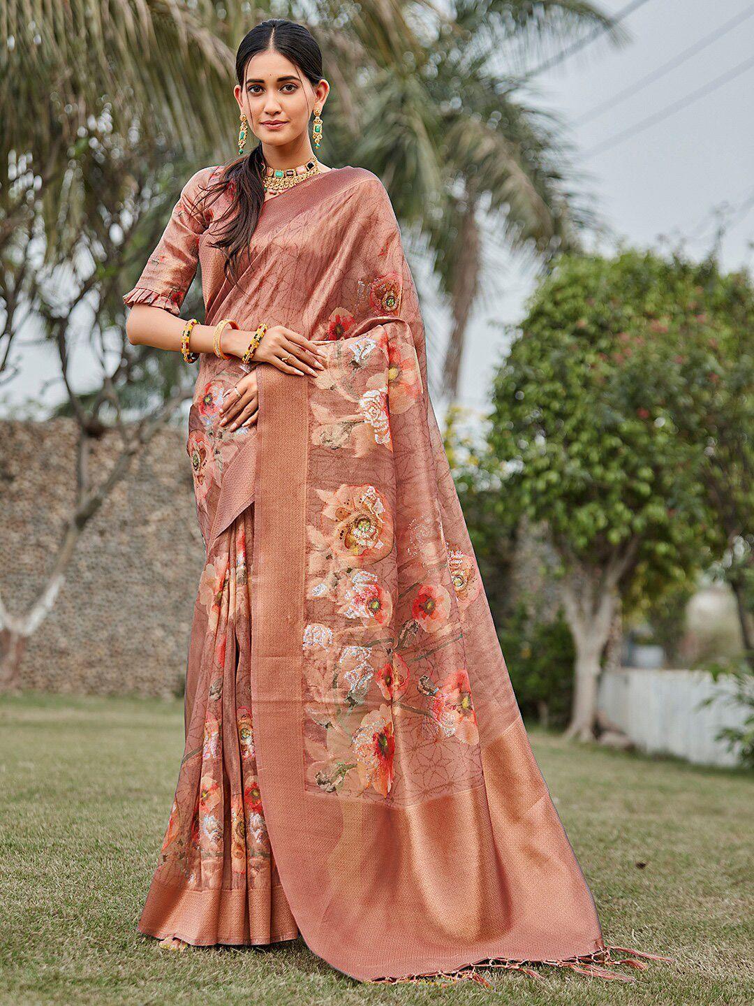 karagiri floral printed zari tissue saree