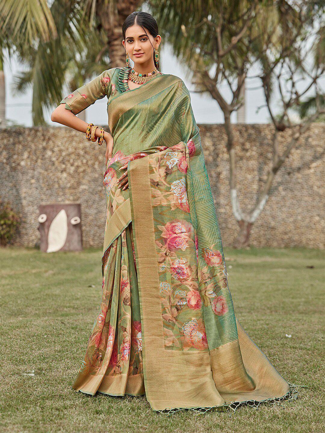 karagiri floral printed zari tissue saree