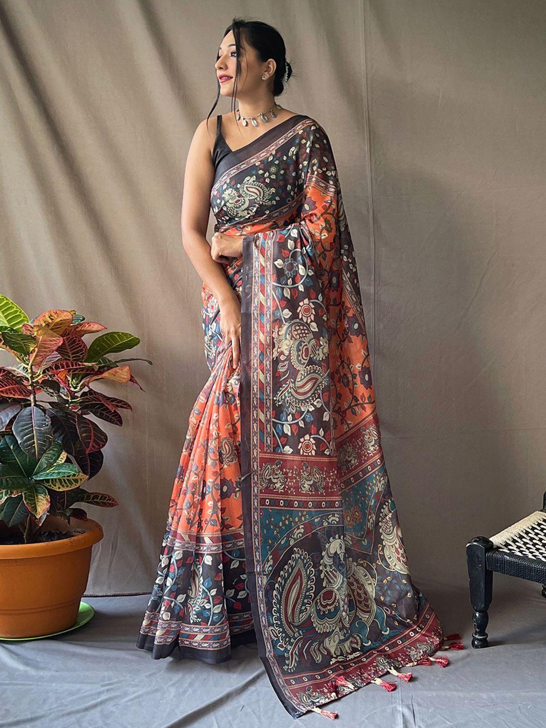 karagiri kalamkari block printed cotton blend saree