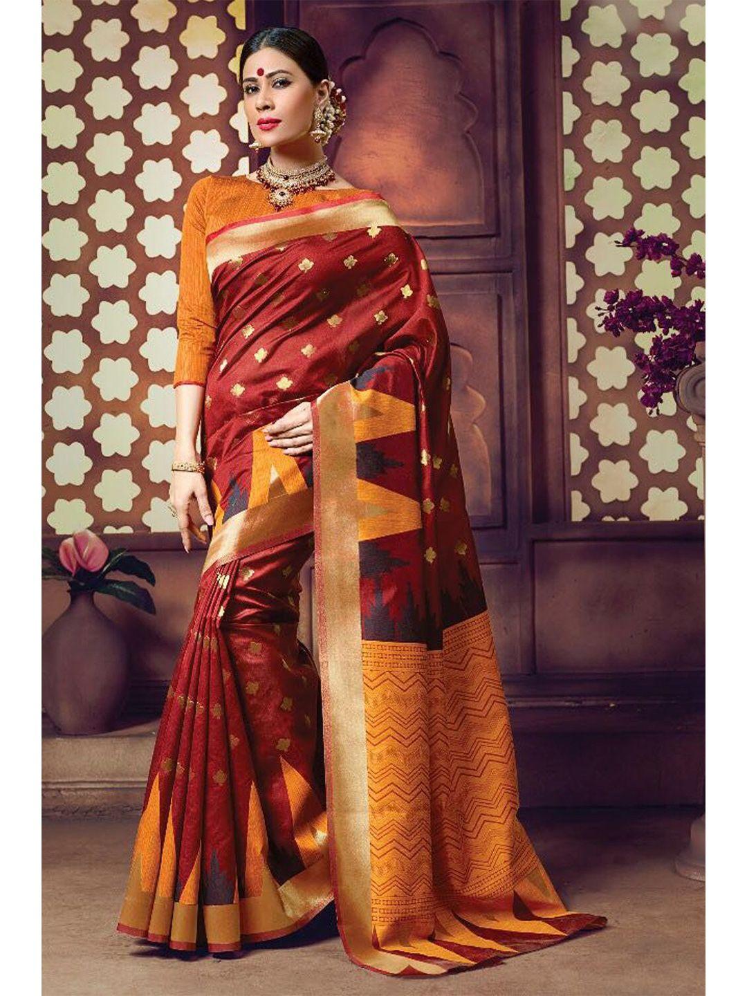 karagiri maroon & gold-toned floral woven design zari saree