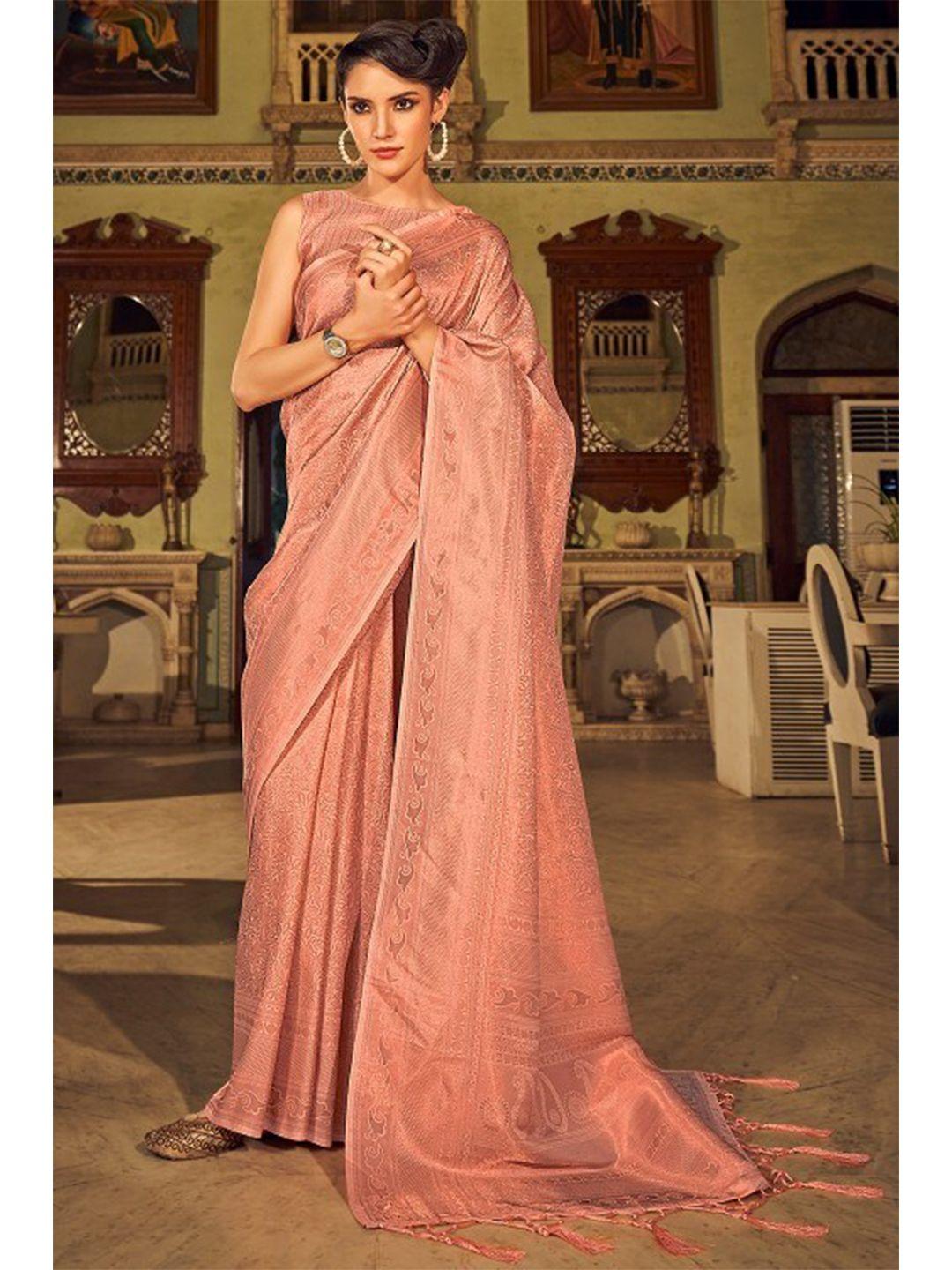 karagiri peach-coloured & gold-toned paisley zari silk blend kanjeevaram saree