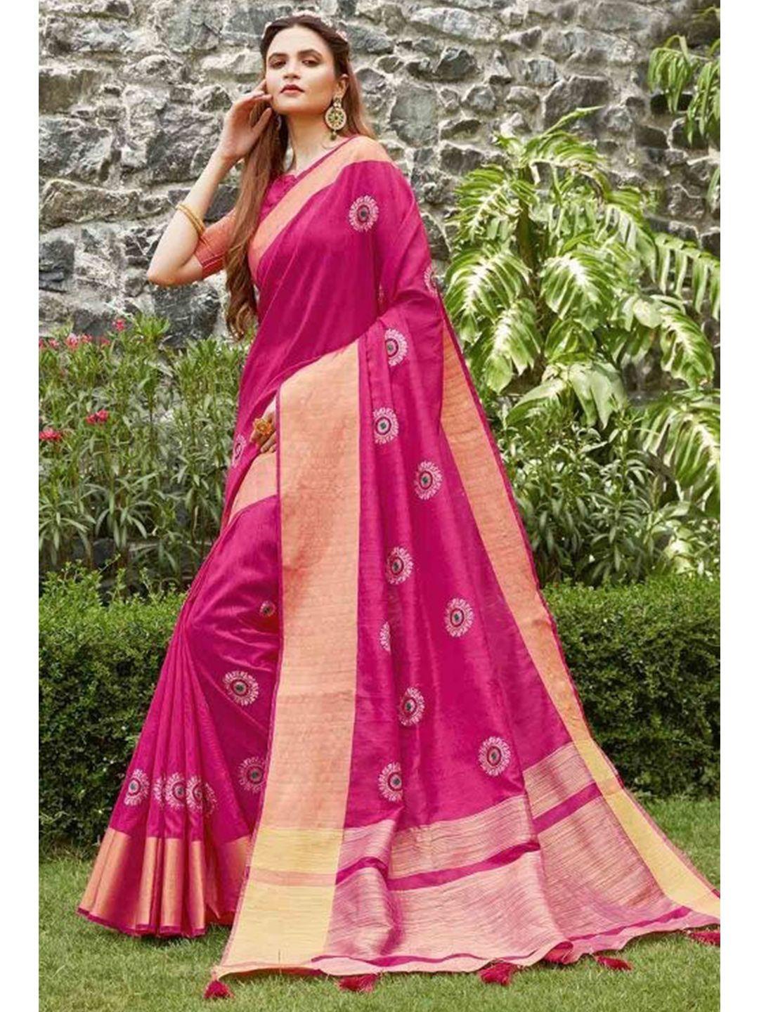 karagiri pink & green ethnic motifs zari pure silk embroidered saree