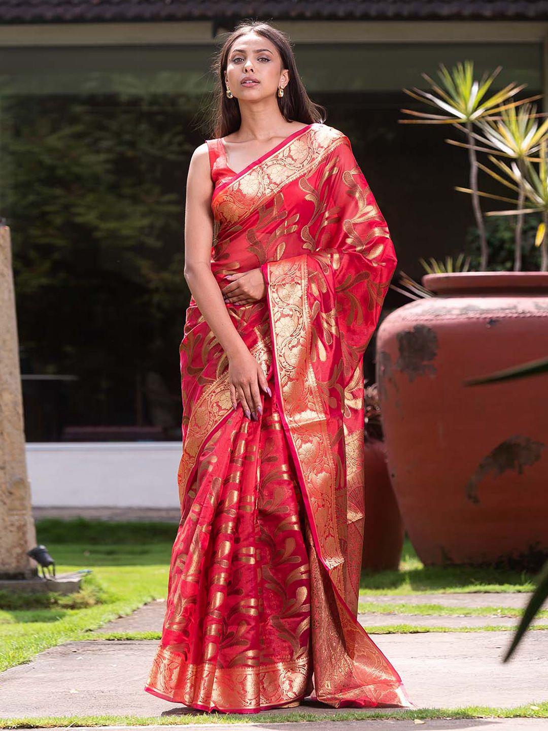 karagiri red & gold-toned woven design zari organza kanjeevaram saree