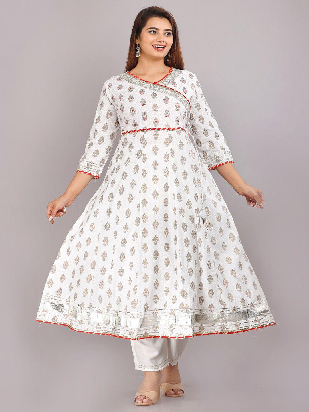 karagwals fab women white printed angrakha thread work kurta with trousers & with dupatta