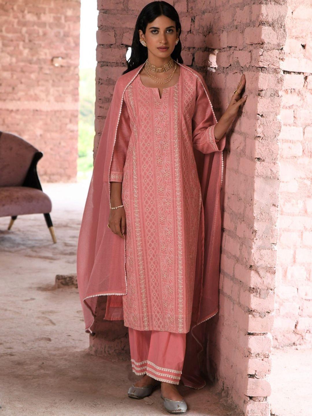 karaj jaipur ethnic motifs embroidered regular thread work pure cotton kurta set