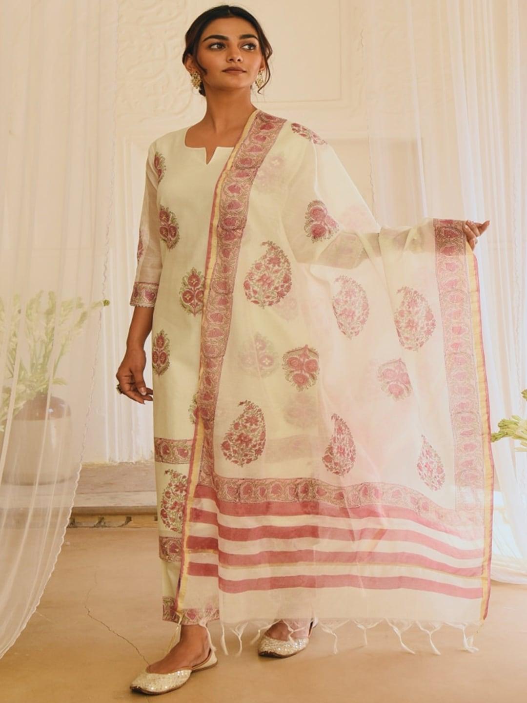 karaj jaipur ethnic motifs printed kurta with trousers & dupatta
