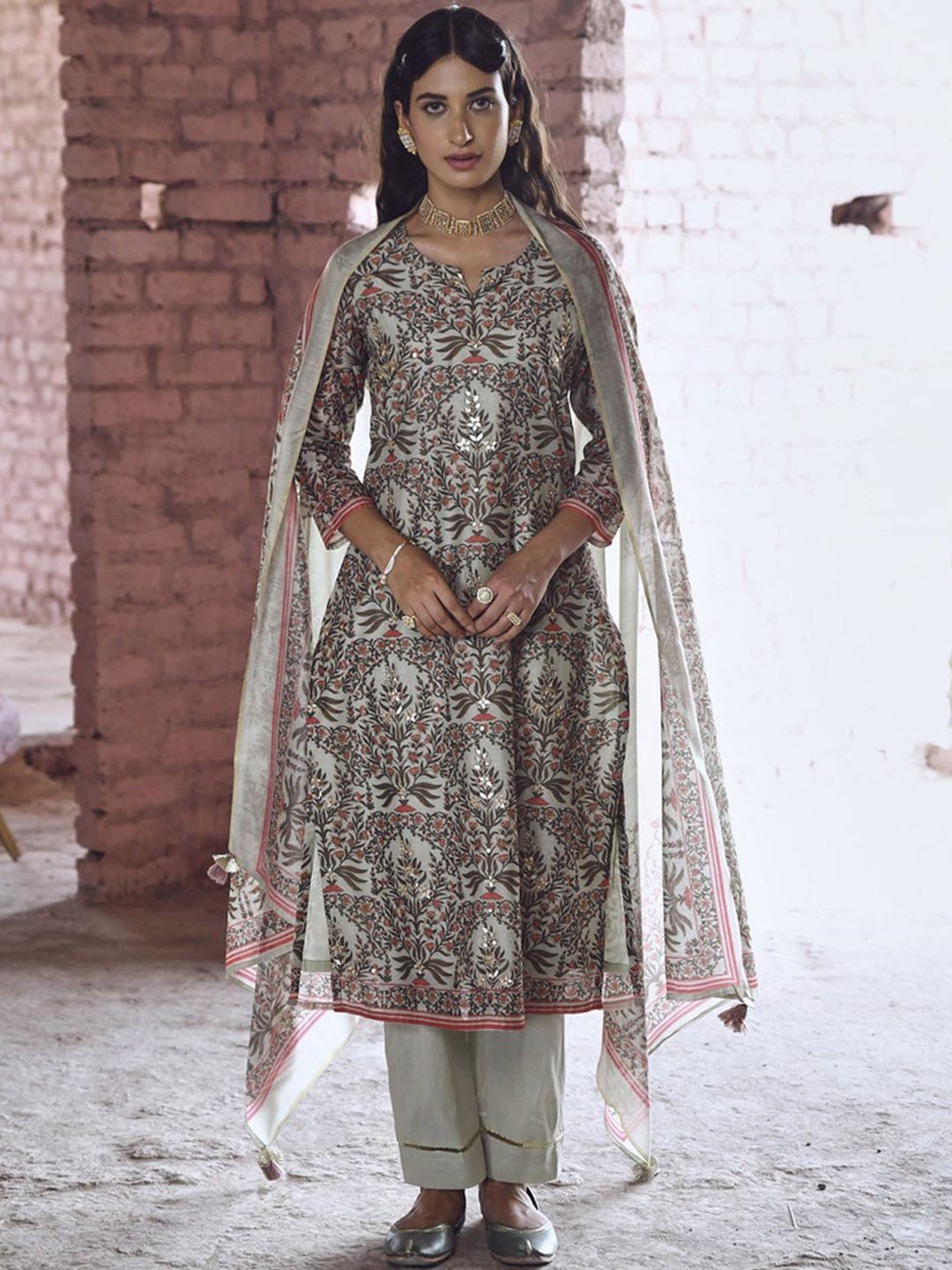 karaj jaipur ethnic motifs printed sequined poly chanderi kurta with trousers & dupatta