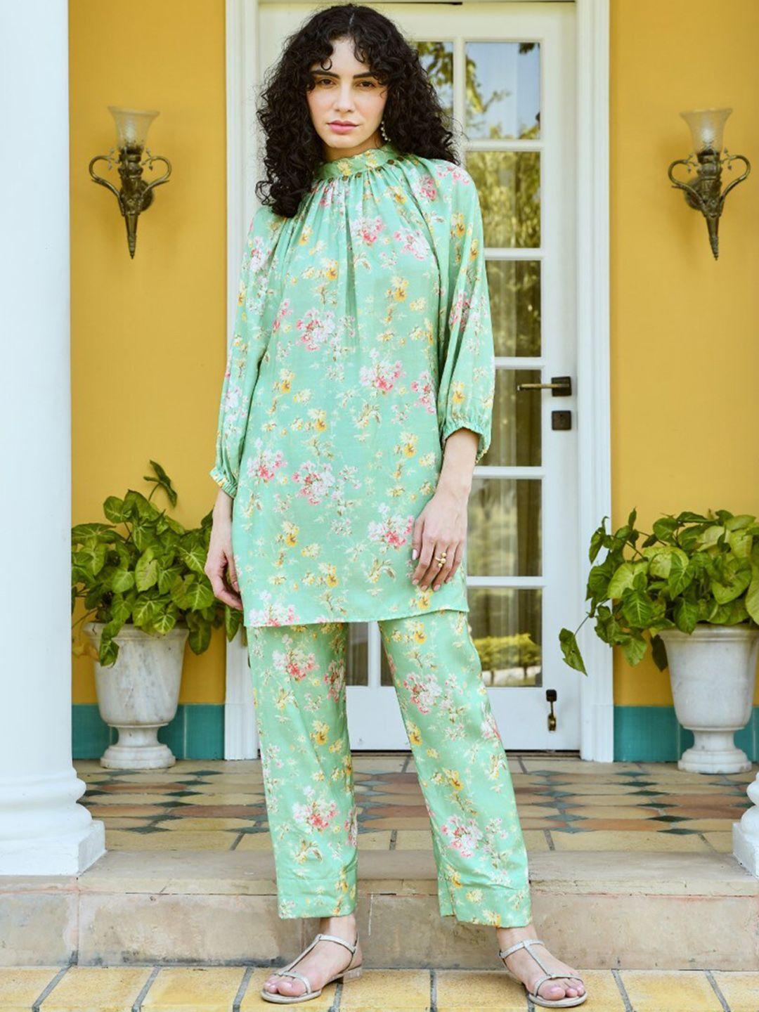 karaj jaipur floral printed straight kurta with trousers
