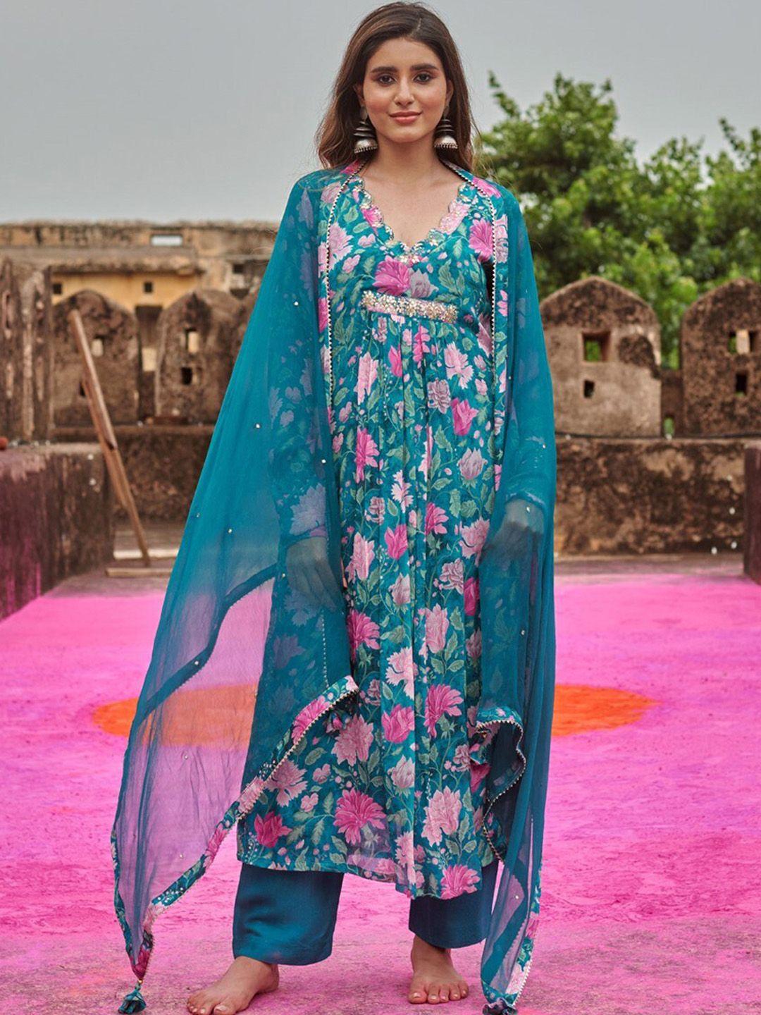karaj jaipur floral printed v-neck pleated kurta with trousers & dupatta