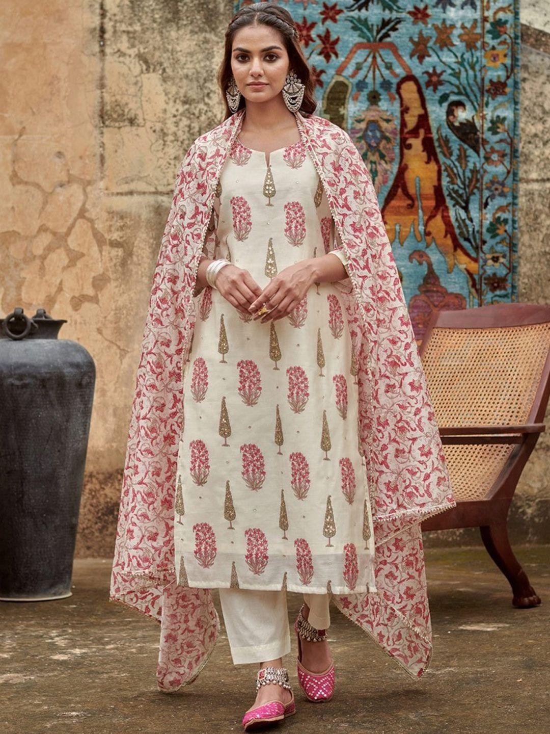 karaj jaipur paisley printed sequinned straight kurta with trouser & dupatta