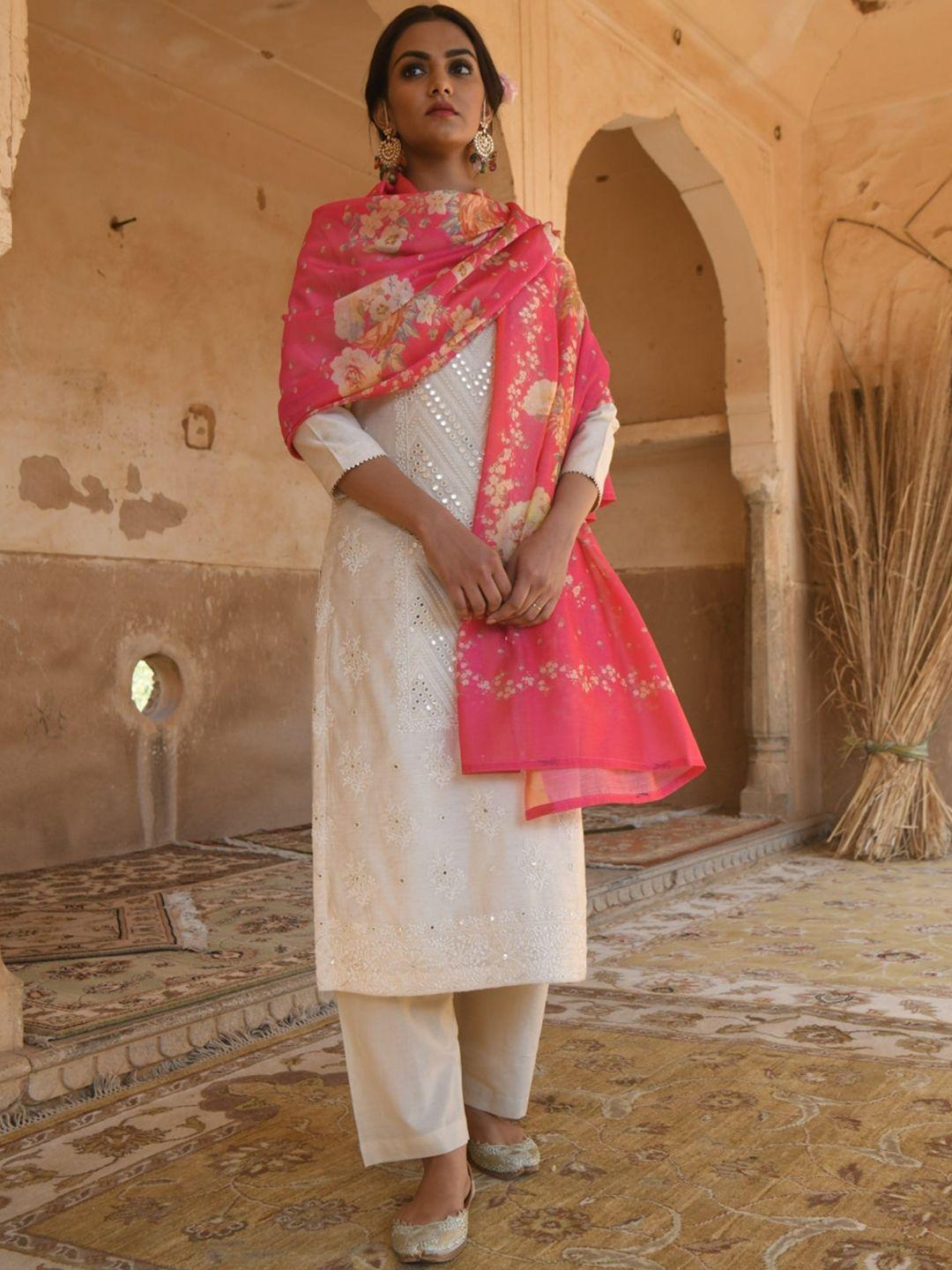 karaj jaipur women beige & pink embroidered kurta set