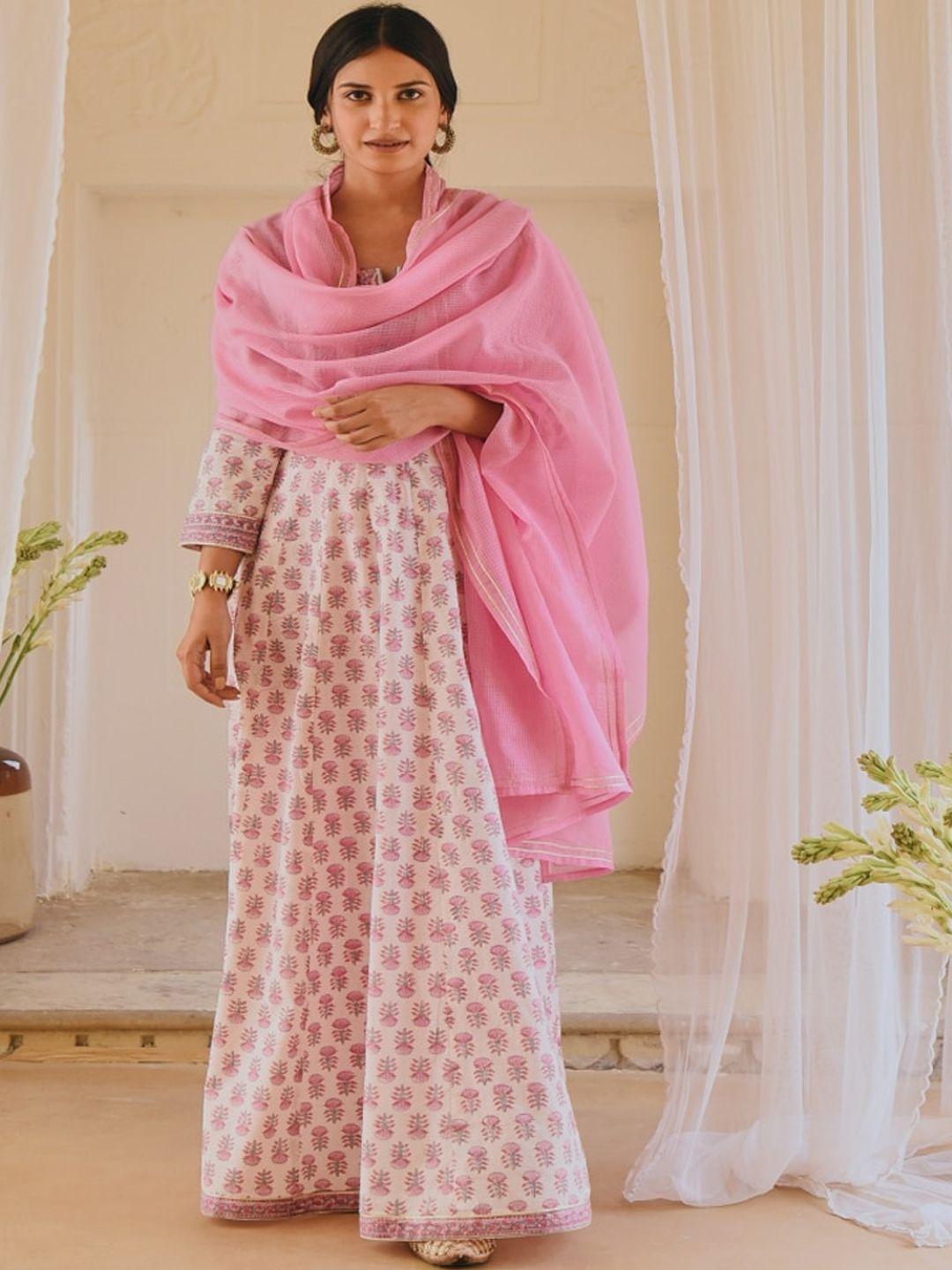 karaj jaipur women block printed pure cotton anarkali kurta and trousers with dupatta set