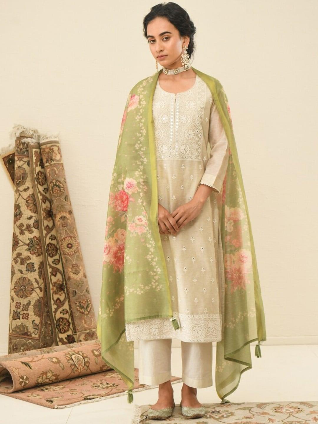 karaj jaipur women cream floral embroidered chanderi cotton kurta set