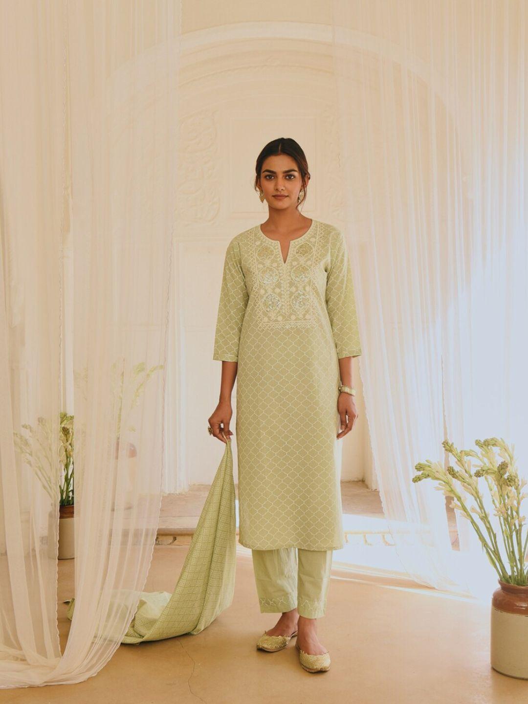 karaj jaipur women green empire pure cotton kurta with trousers & with dupatta set of 3