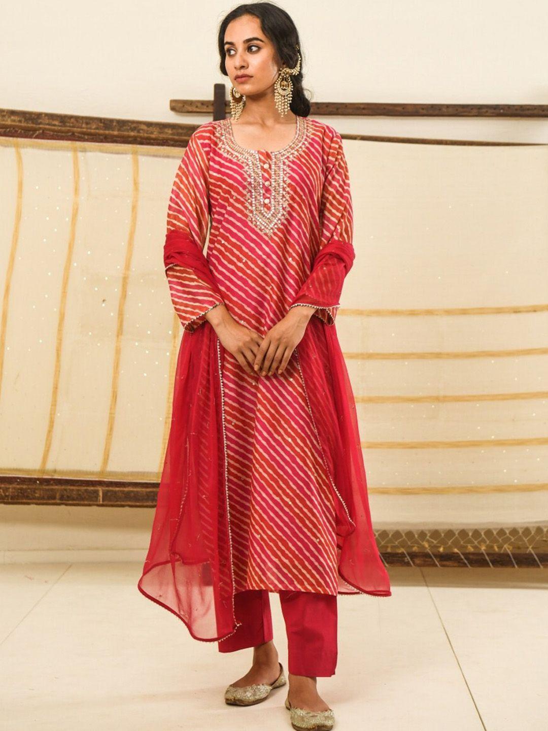 karaj jaipur women pink layered chanderi cotton kurti with trousers & with dupatta