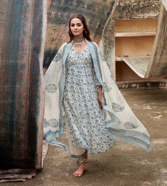 karaj jaipur blue print gathered chanderi kurta set