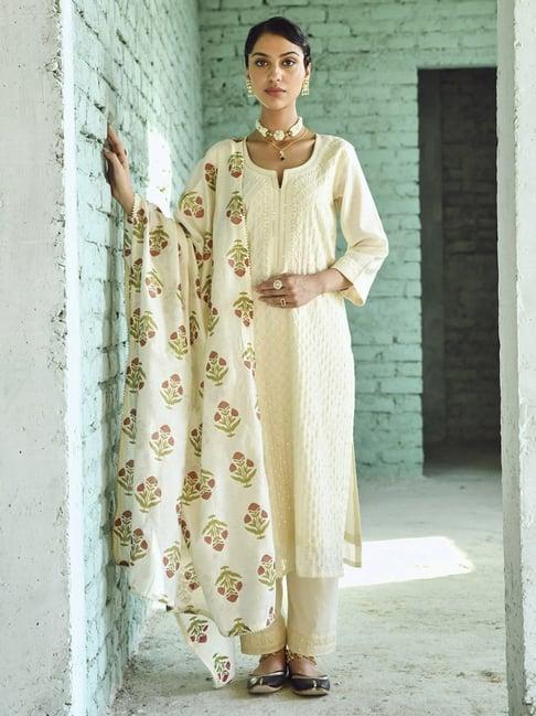 karaj jaipur cream falak thread kurta with block printed dupatta and cotton pant