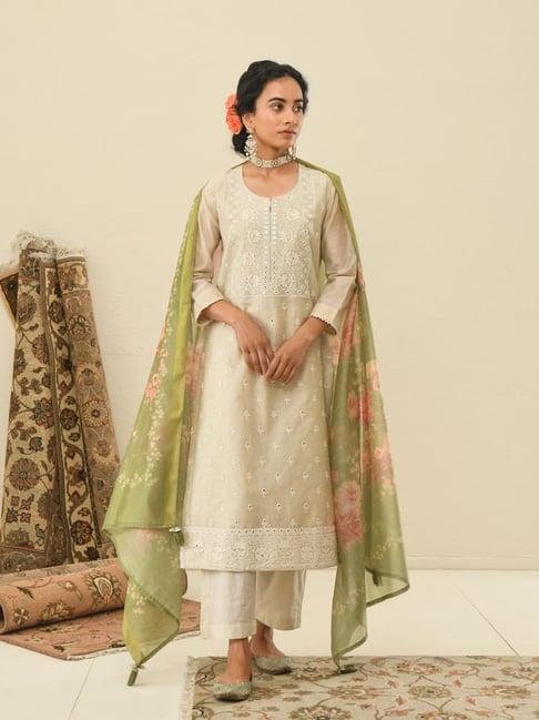 karaj jaipur cream kurta with pant and dupatta