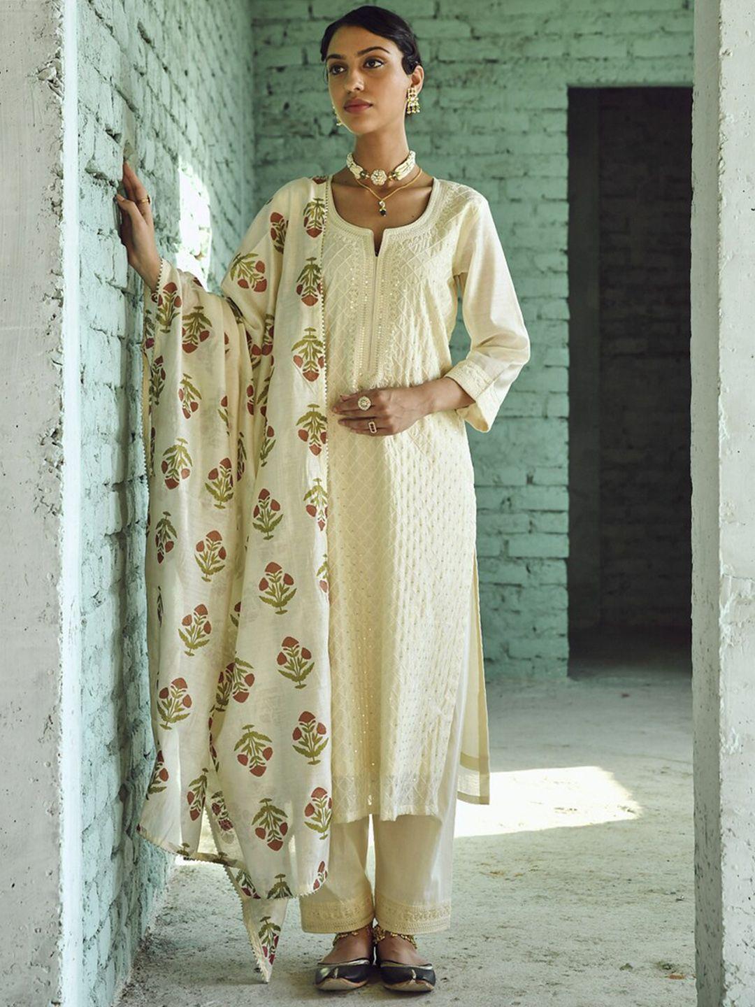 karaj jaipur ethnic motifs embroidered thread work kurta with trousers & with