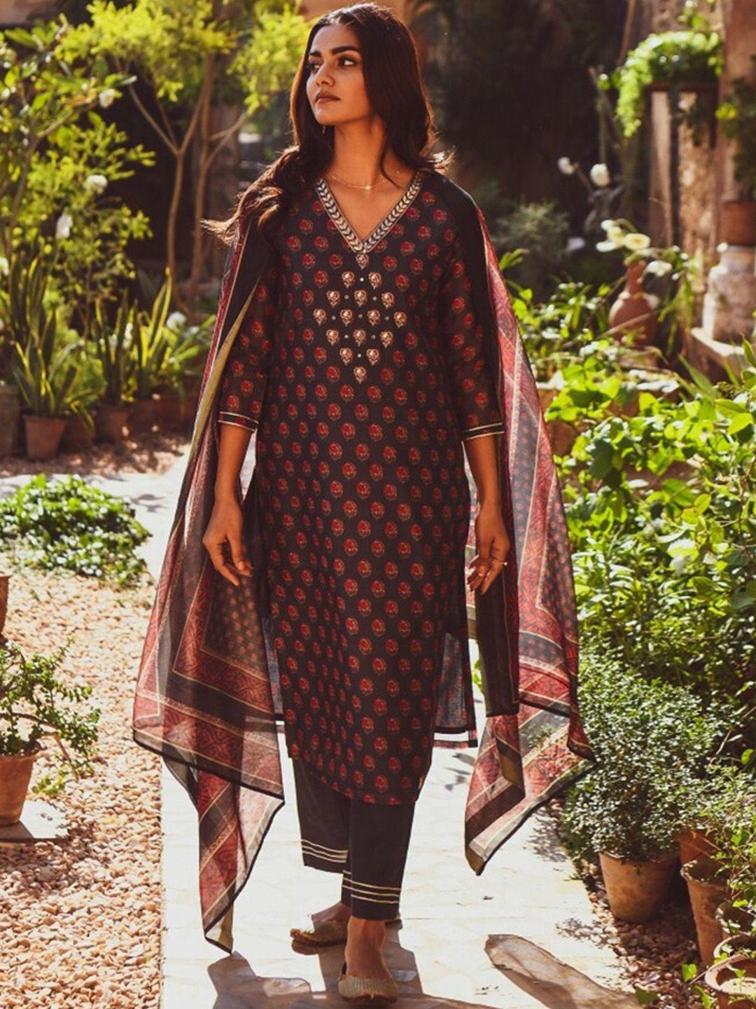 karaj jaipur ethnic motifs printed sequined kurta with trousers & dupatta