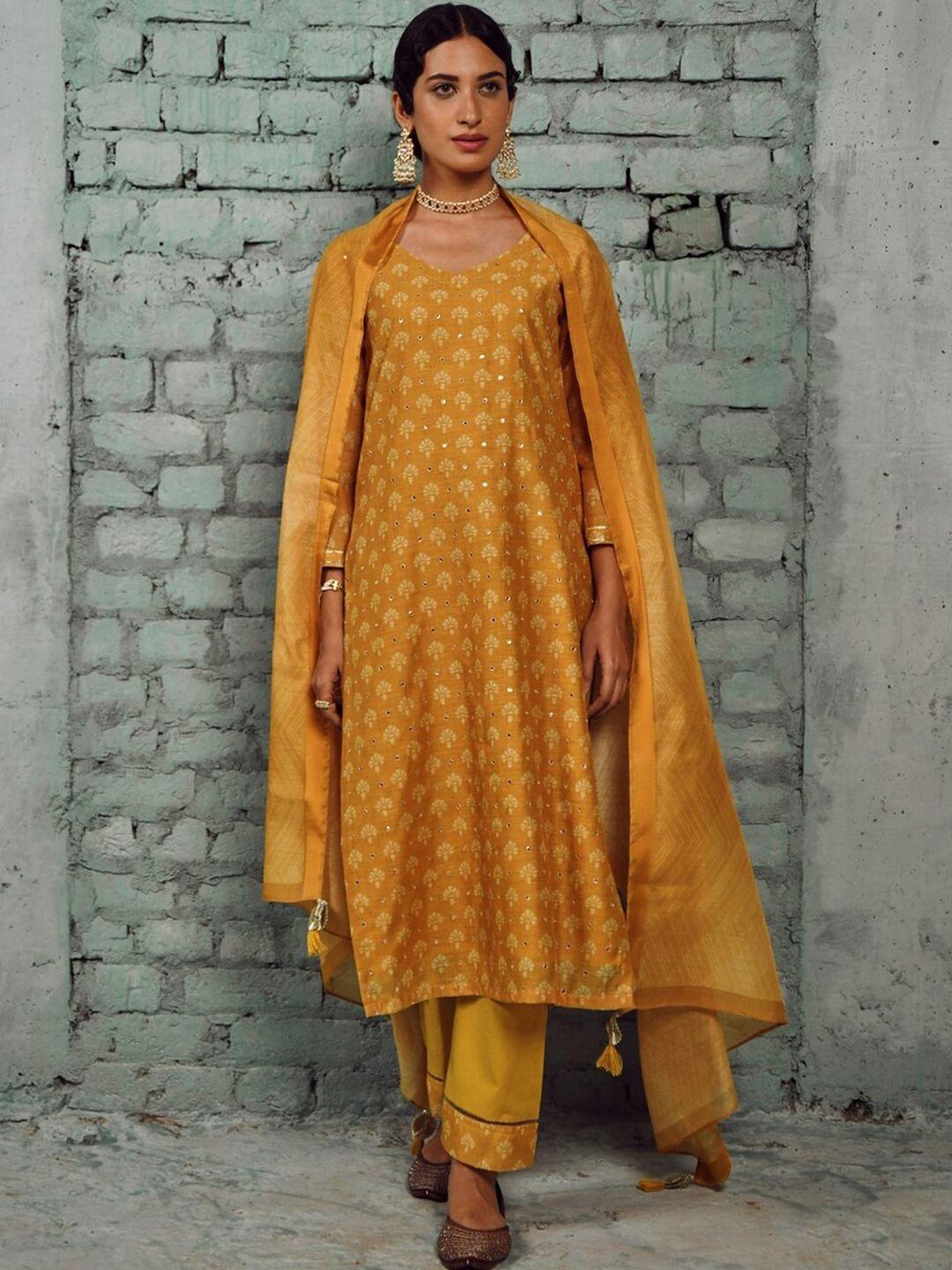 karaj jaipur ethnic motifs printed sequined poly chanderi kurta with trousers & dupatta