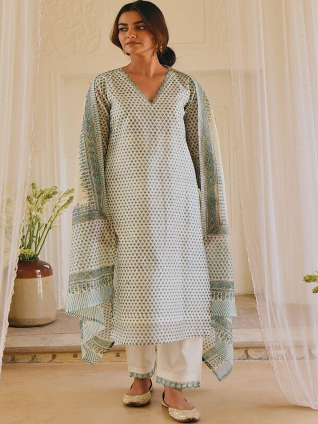 karaj jaipur floral embroidered kurta with trousers & dupatta