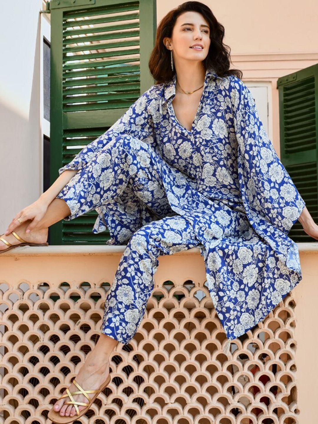 karaj jaipur floral printed extended sleeves kaftan kurta with trousers