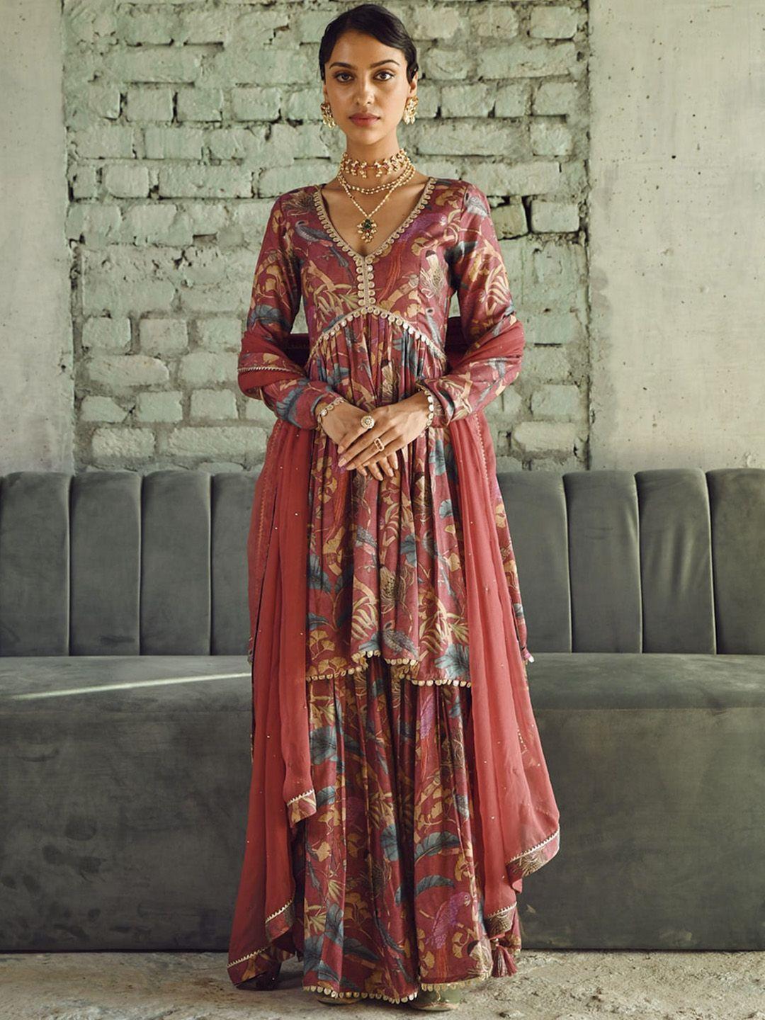 karaj jaipur floral printed gotta patti kurta with sharara & dupatta