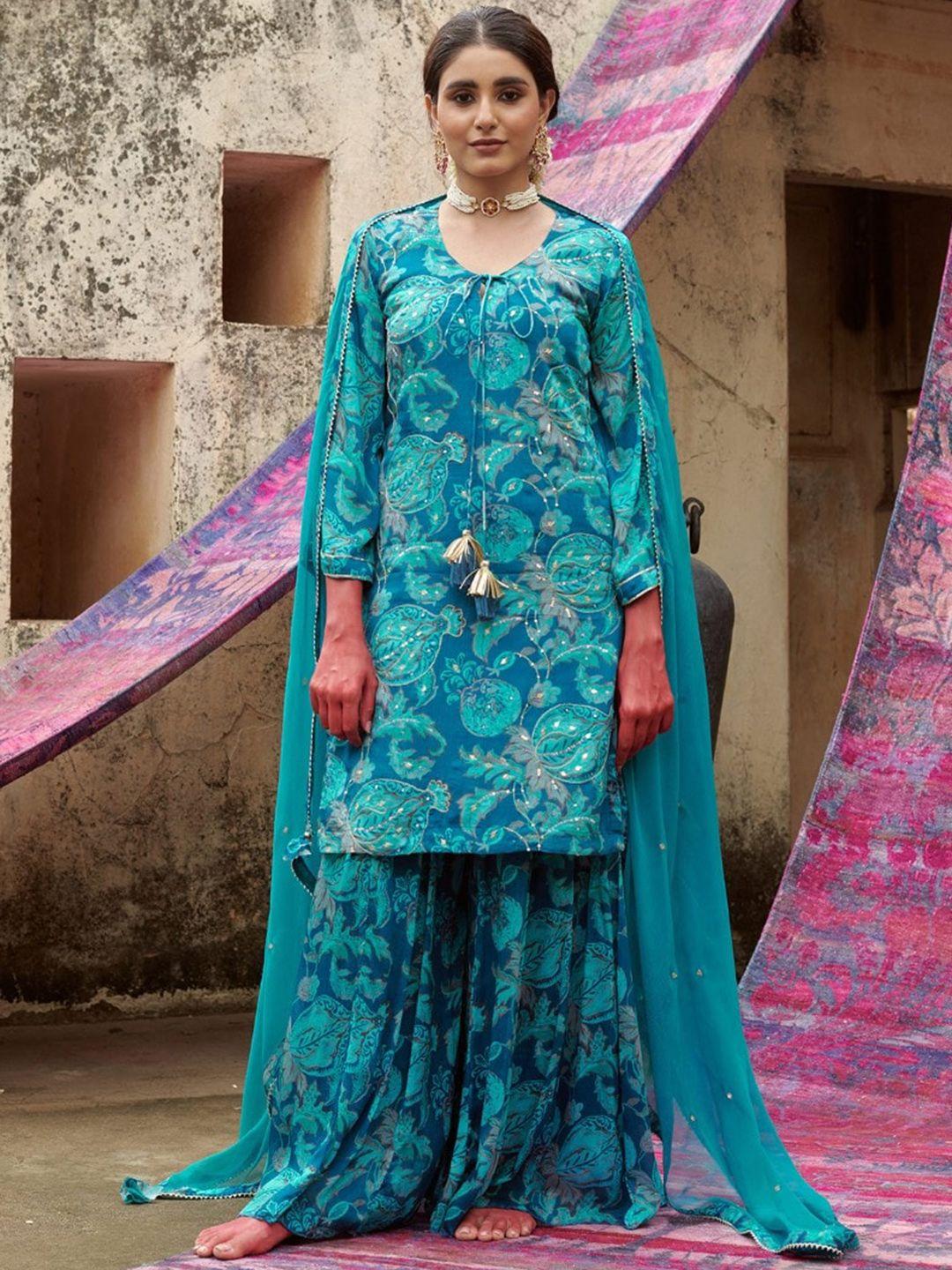 karaj jaipur floral printed tie-up neck sequinned straight kurta with sharara & dupatta