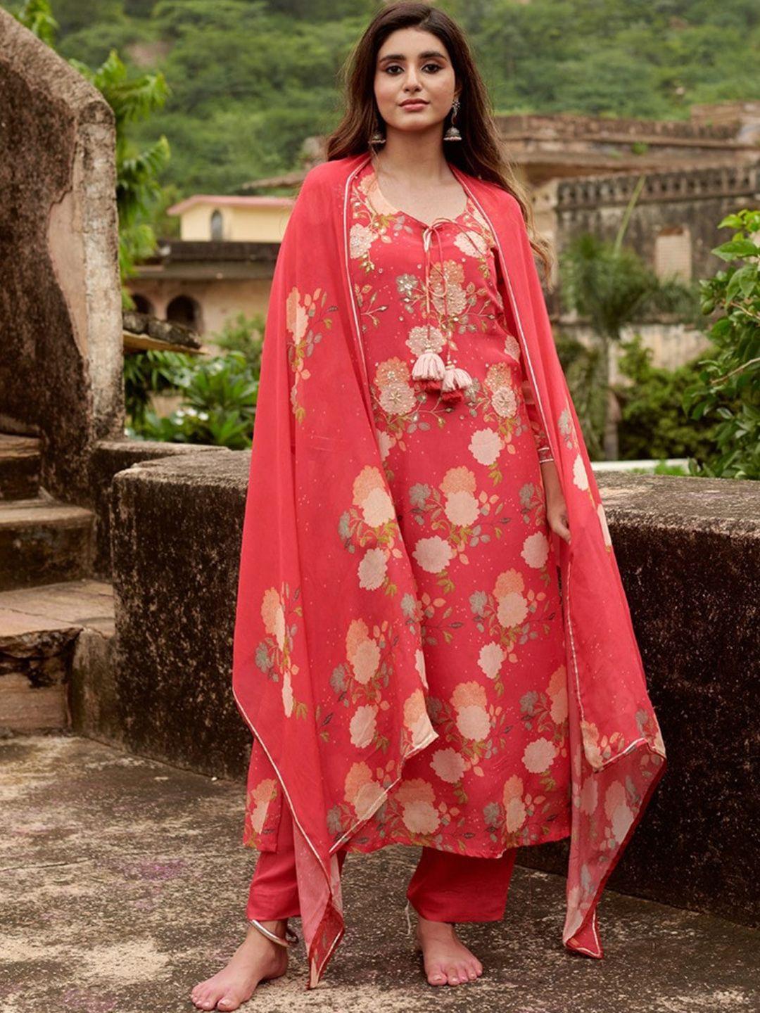 karaj jaipur floral printed tie-up neck straight kurta & trouser with dupatta