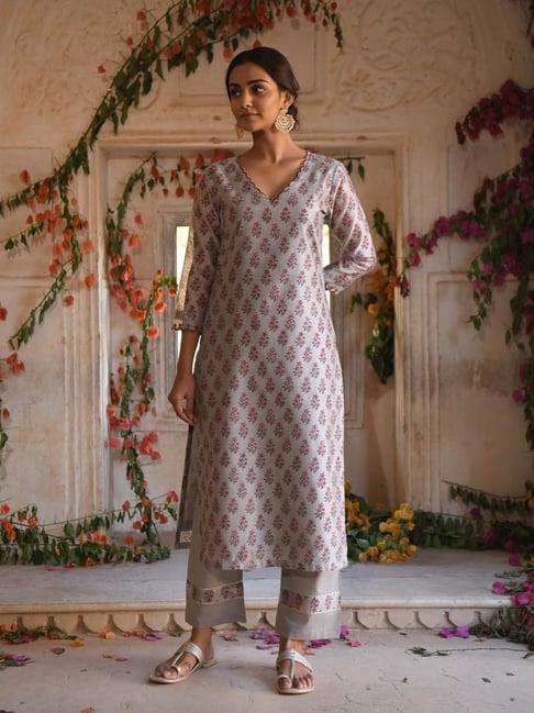 karaj jaipur grey/red kurta with pant and dupatta