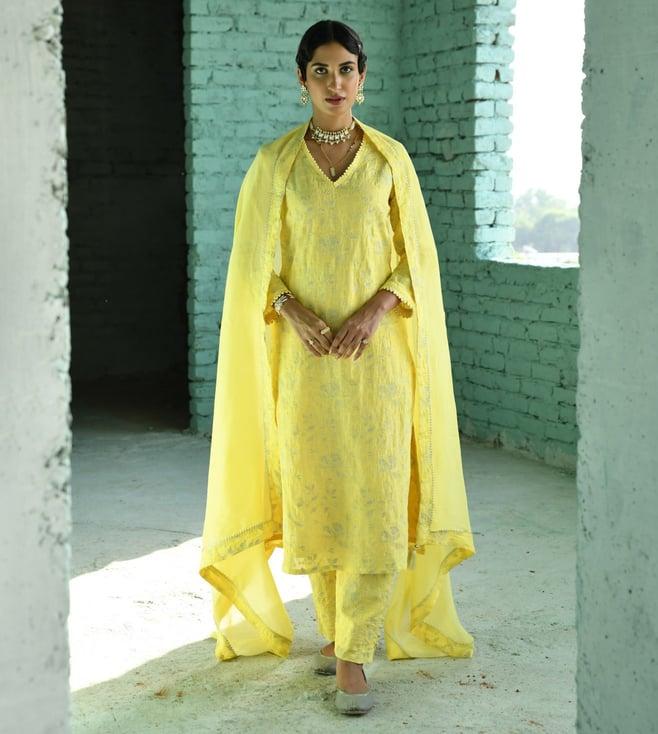 karaj jaipur light yellow falak straight kurta with pant and dupatta