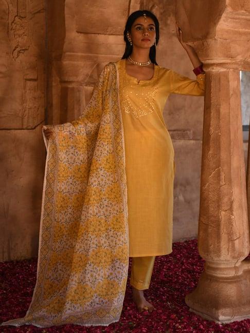 karaj jaipur mustard gul scattered mirror kurta with cotton pants and block print dupatta