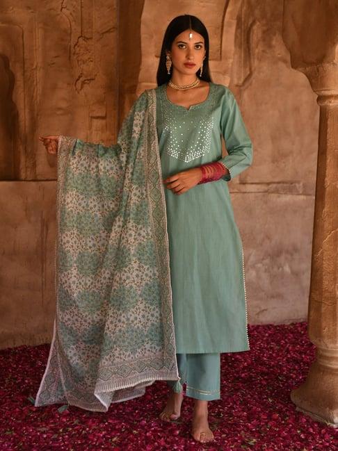 karaj jaipur ocean green gul scattered mirror kurta with cotton pants and block print dupatta