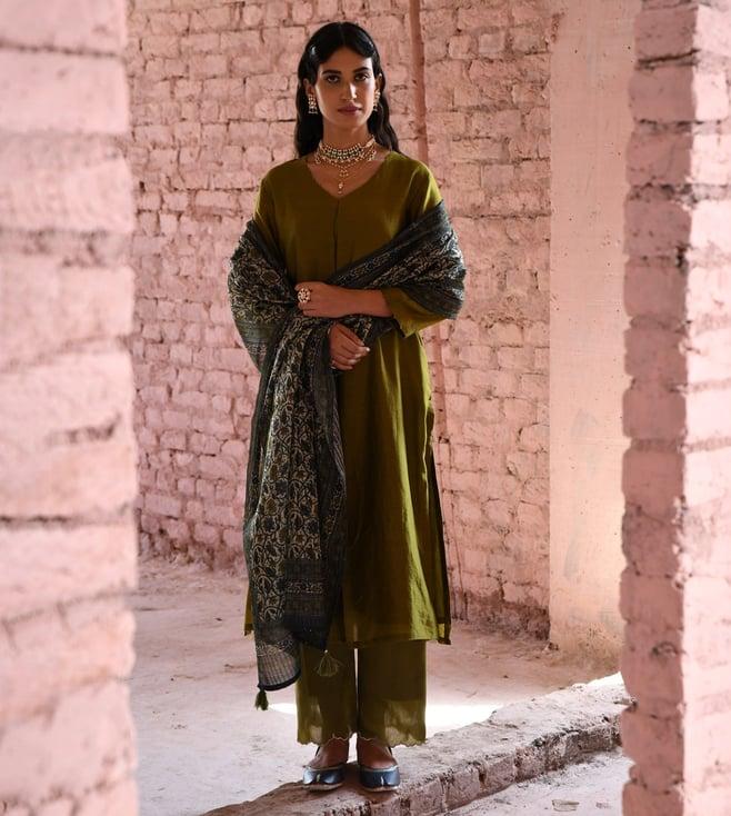 karaj jaipur olive green falak a-line kurta with palazzo and dupatta