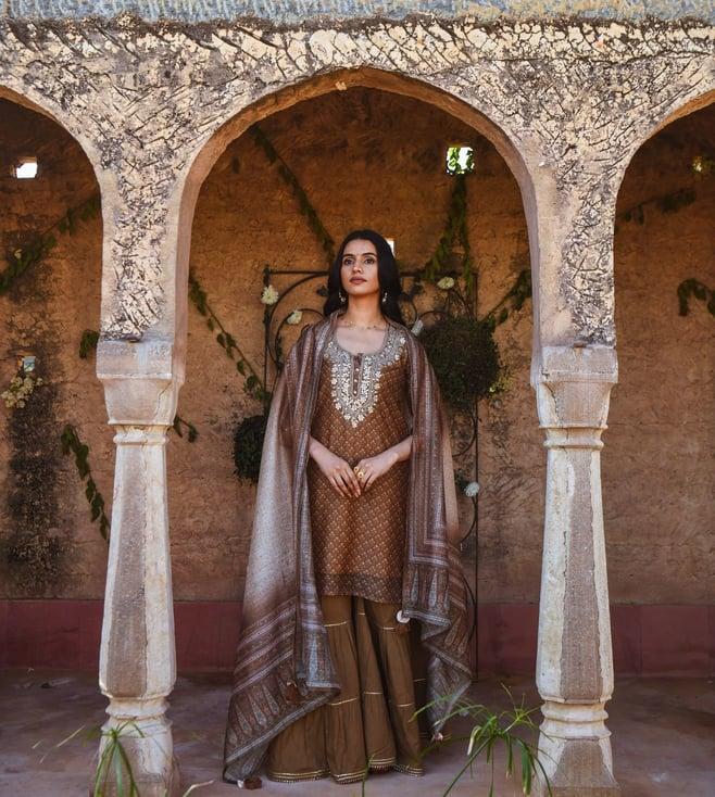 karaj jaipur olive green noor dori and patti work digital kurta with tiered sharara and dupatta