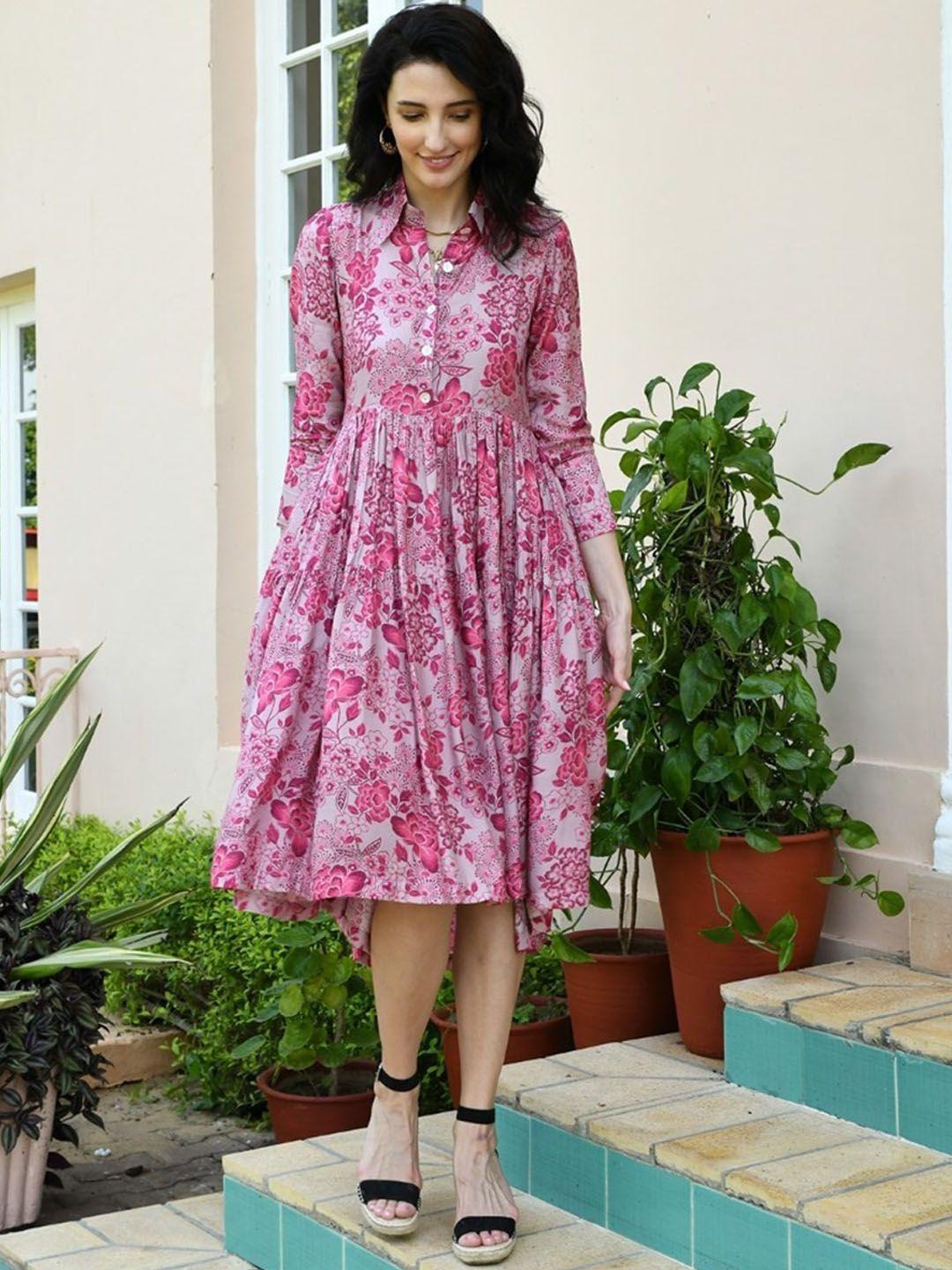 karaj jaipur pink floral print a-line midi dress