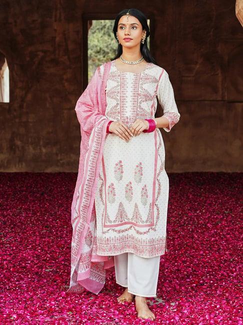 karaj jaipur pink gul cotton block printed kurta with cotton pants and dupatta