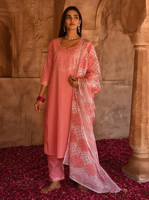 karaj jaipur pink gul scattered mirror kurta with cotton pants and block print dupatta