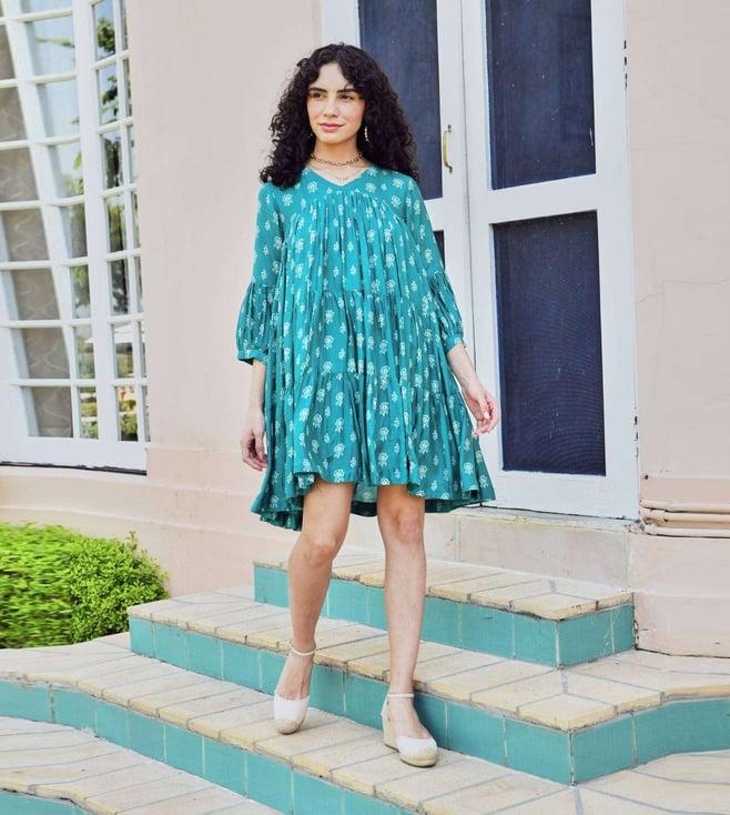 karaj jaipur turquoise printed tiered mini dress
