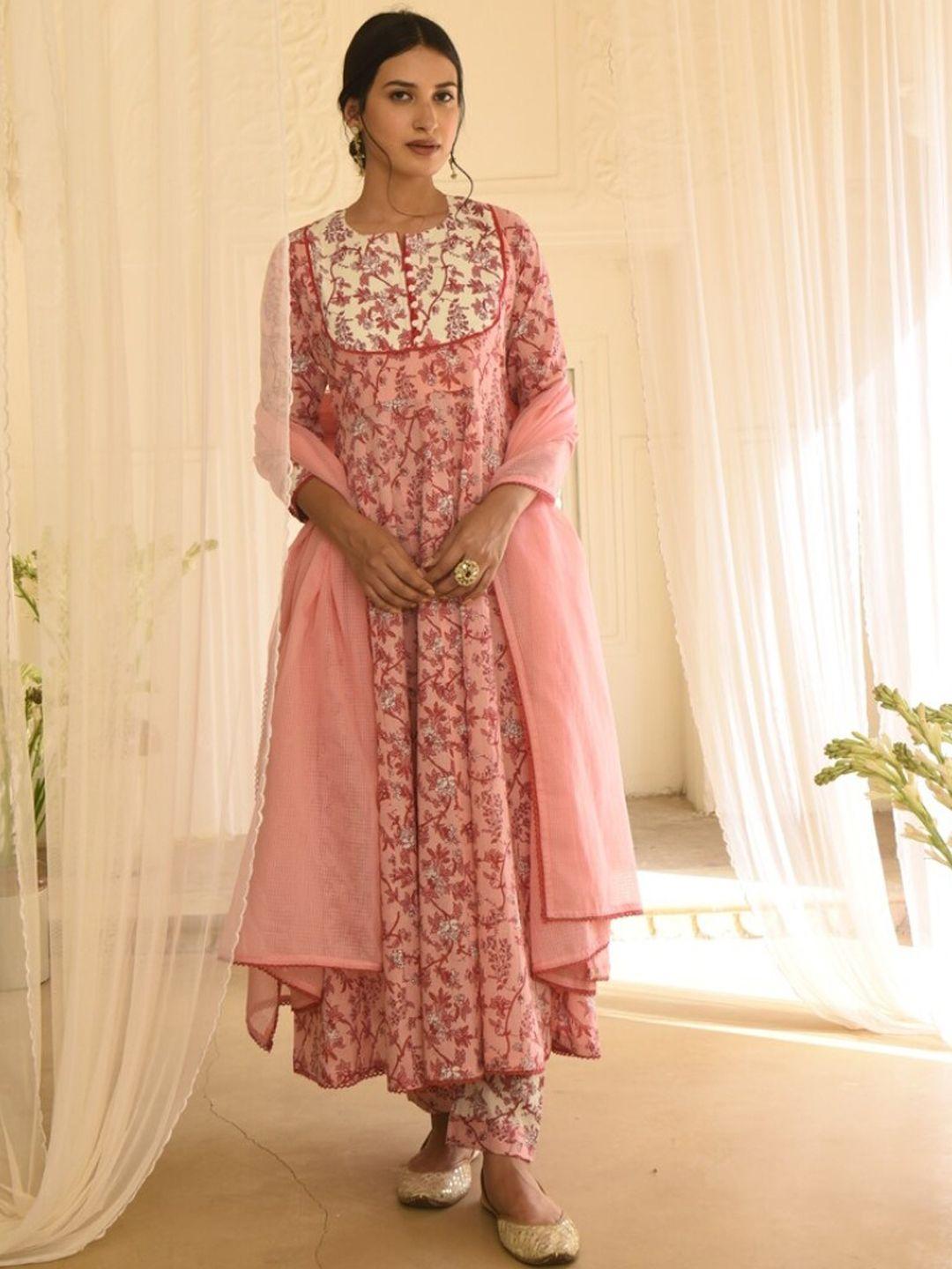 karaj jaipur women's pink ethnic motifs panelled pure cotton kurta with trousers & dupatta