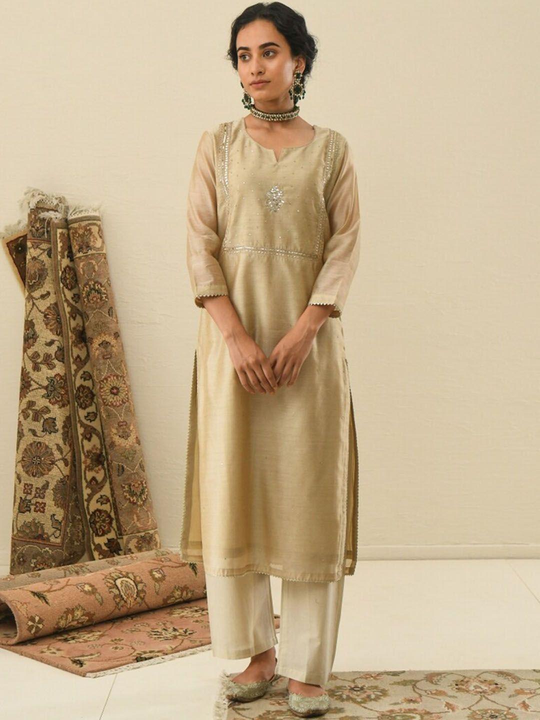 karaj jaipur women beige embroidered kurta with trousers